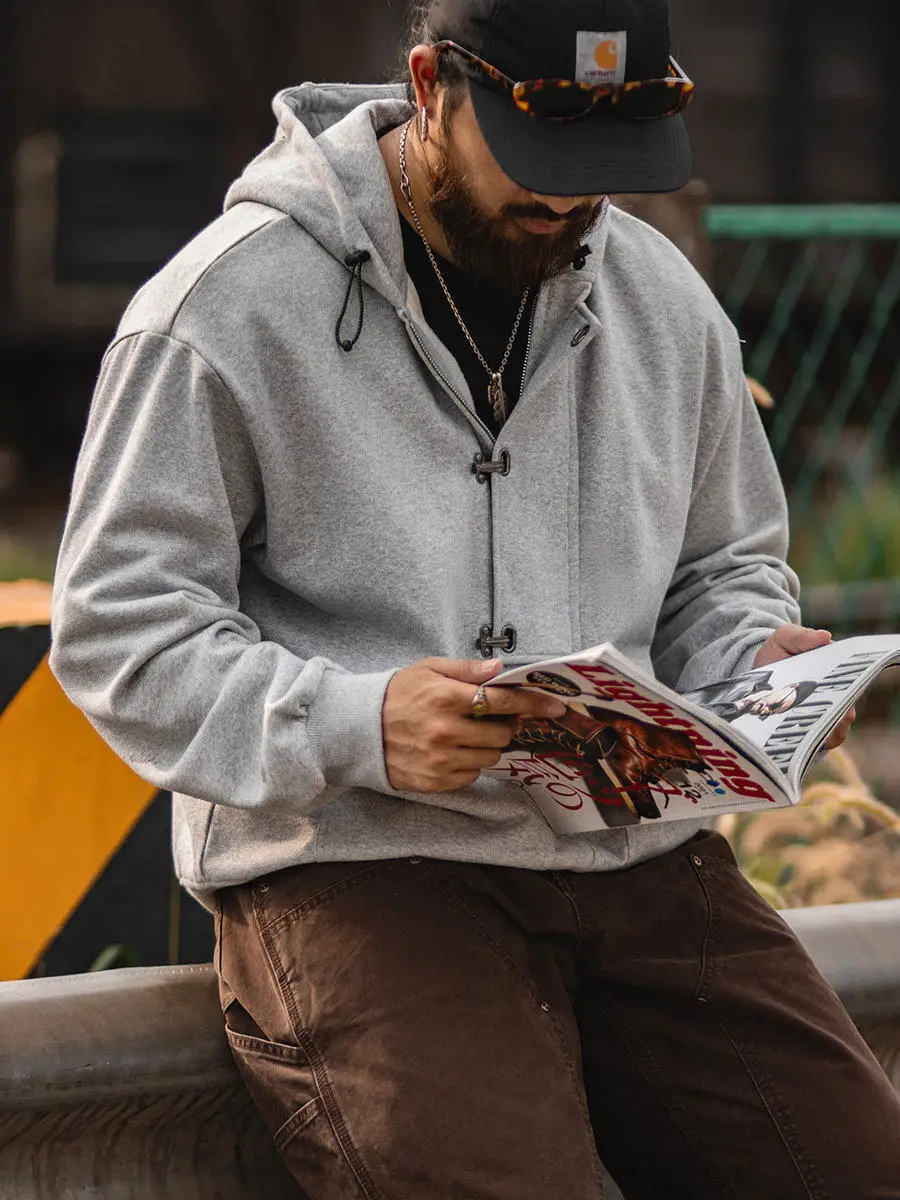 Loose Fit Men's Hoodie Jacket Long Sleeve Inner Wear Casual Style Spring Autumn Gulls Deck Hook Punch Sweatshirt Coat