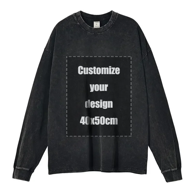 Custom Long Sleeve T-shirt Vintage Washed Hip Hop Sweatshirts Y2K Sweater DIY DTG Printing Pullover Oversized Tops Tees Cotton