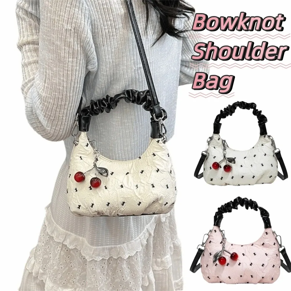 

Fashion Korean Style Bowknot Shoulder Bag Cherry Pendant Sweet Women's Crossbody Bag Versatile Leisure Armpit Bag Daily