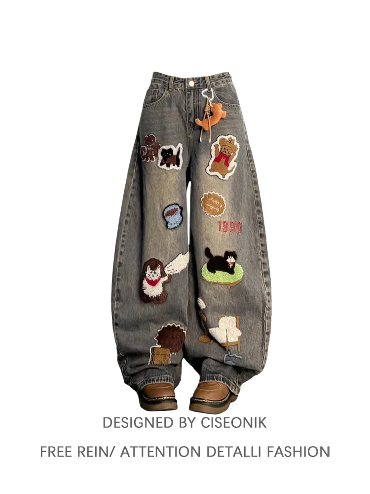 

Retro Cartoon Embroidery Wide Leg Jeans Women's Loose High Waist Straight Cut Slimming Long Pants American Sle Vintage Wa...