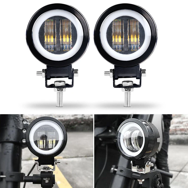 Waterproof 3 Inch Round Motorcycle Headlights White LED Angel Eyes Halo For ATV Pit Dirt Bike Electric Scooter E-Bike Fog Lights