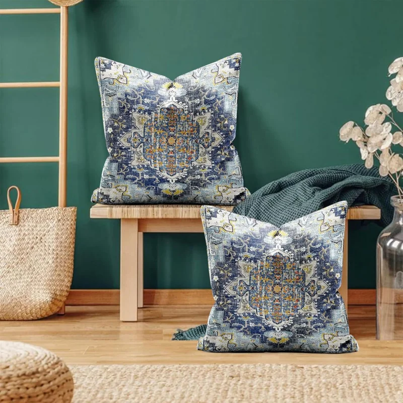 Square pillowcase with retro blue and yellow Bohemian style floral linen cushion cover, suitable for sofa bedroom bag 2 pieces