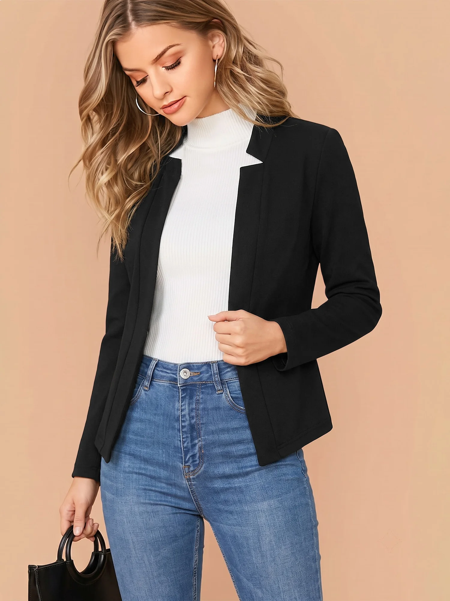 Women Chic Mandarin Collar Open Front Suit Jacket Long Sleeve Solid Formal Outerwear Top Slim Fit Blazer For Business Meeting