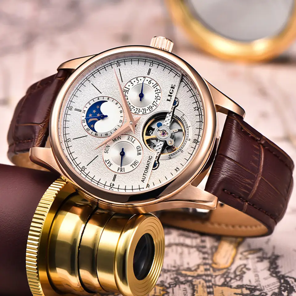 LIGE Brand Classic Mens Retro Watches Automatic Mechanical Watch Tourbillon Clock Genuine Leather Waterproof Military Wristwatch - 3