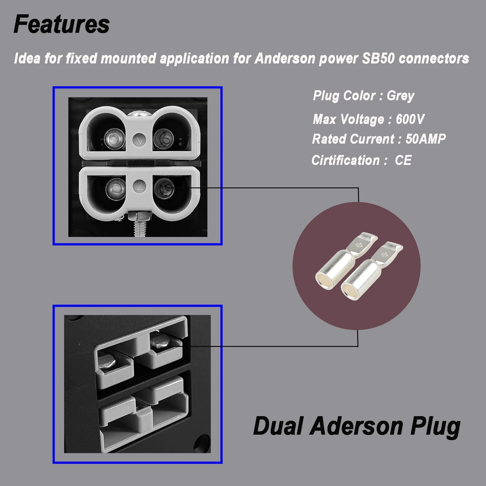 Dual Anderson Plug Flush Mount Panel SB50 konektor daya 6AWG untuk kereta Golf forklift Caravans Kit alat pengisi daya