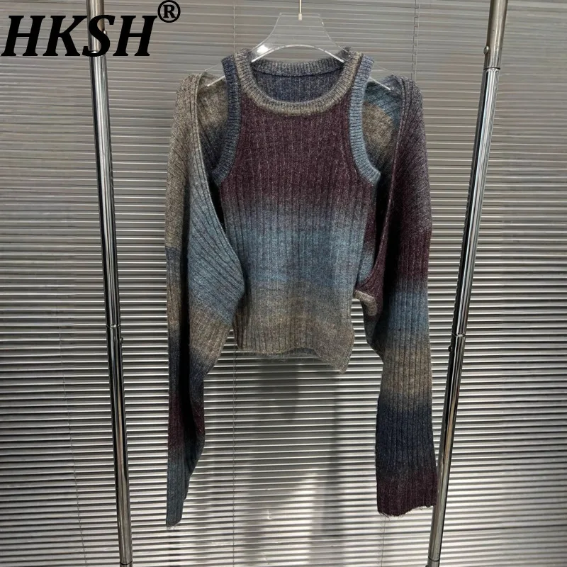 

HKSH осенний новый женский свитер, кардиган, градиент, модное элегантное универсальное пальто, жилет с круглым вырезом, корейский комплект из двух предметов Y2K HK12072