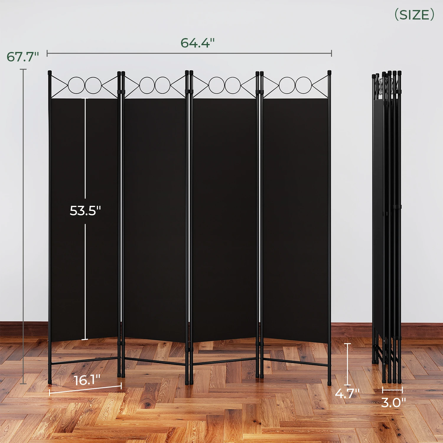 مقسم الغرفة، 4 ألواح إطار فولاذي بطول 6 أقدام، شاشة خصوصية قابلة للطي مع قماش مقاوم للماء ووسادات قدم مضادة للانزلاق للمكتب المنزلي. أسود