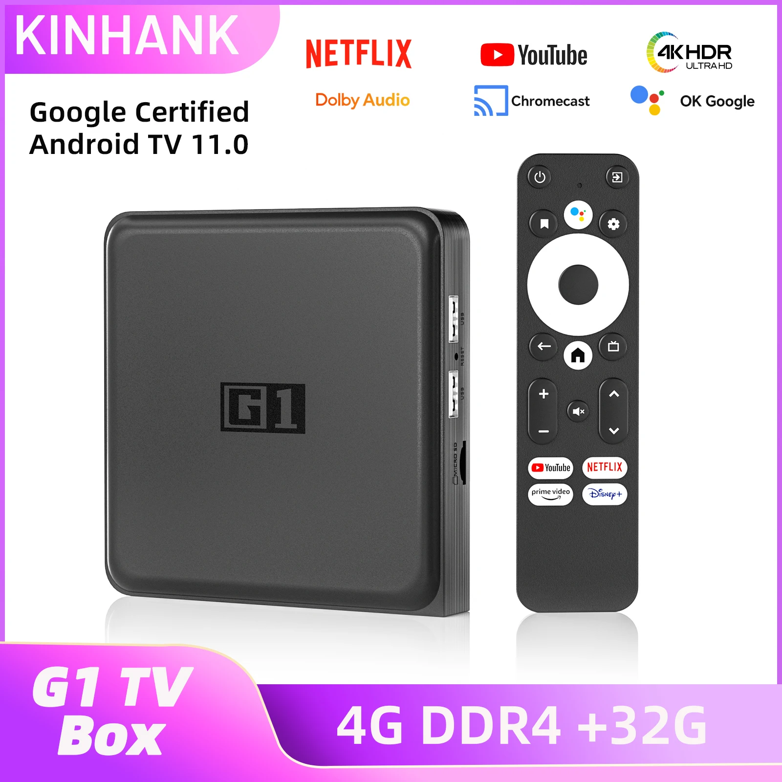 Kinhank G1 Android TV-Box mit Netflix 4k Ultra HD Google zertifizierte Dolby Vision HDR10 4G 32G Wifi6 Streaming Media-Gerät