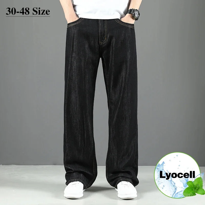 Jeans Lyocell Men's Summer Thin Section Baggy Straight Drape Casual Trousers Classic Black Denim Pants Plus Size 42 44 46 48