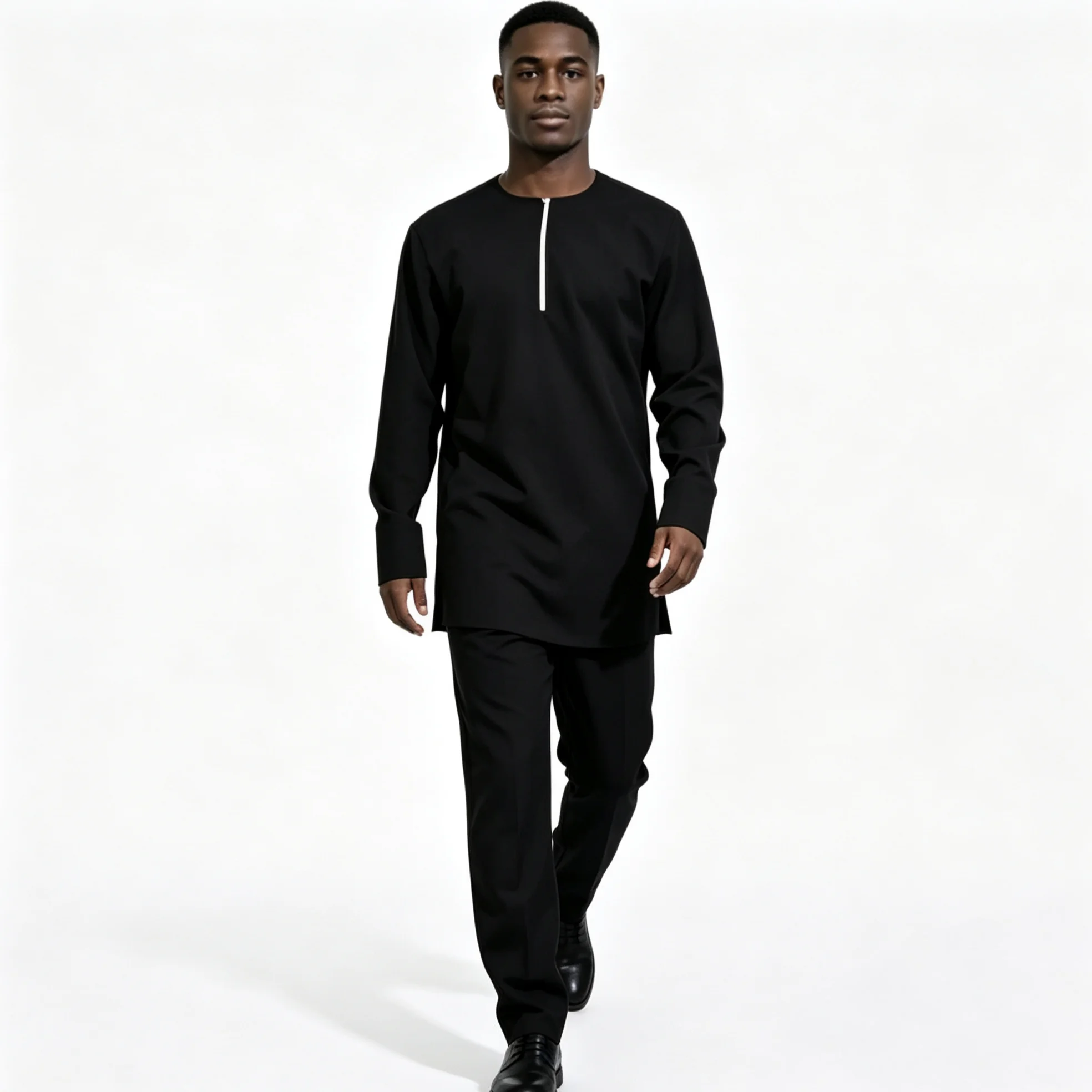 Men's Sets Solid Black Zipper Placket Shirt & Trousers Vintage Style Pant Suits Designer African Couture Performance Wear - view 4