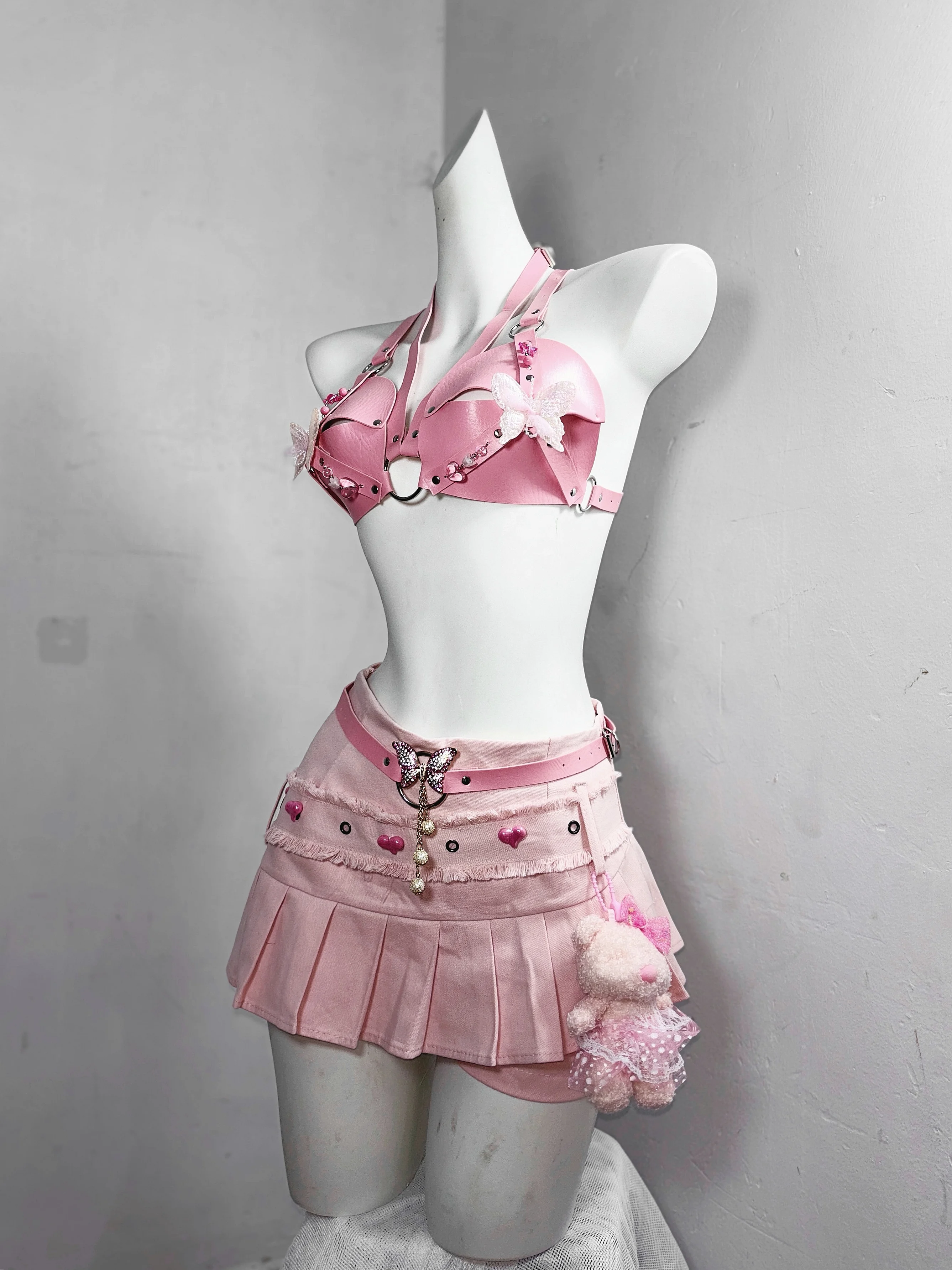 TDH Original Pink Leather Bandage Tube Top and Pleated Denim Mini Skirt Sweet Cute Girls Sexy Backless 2pcs Skirt Set