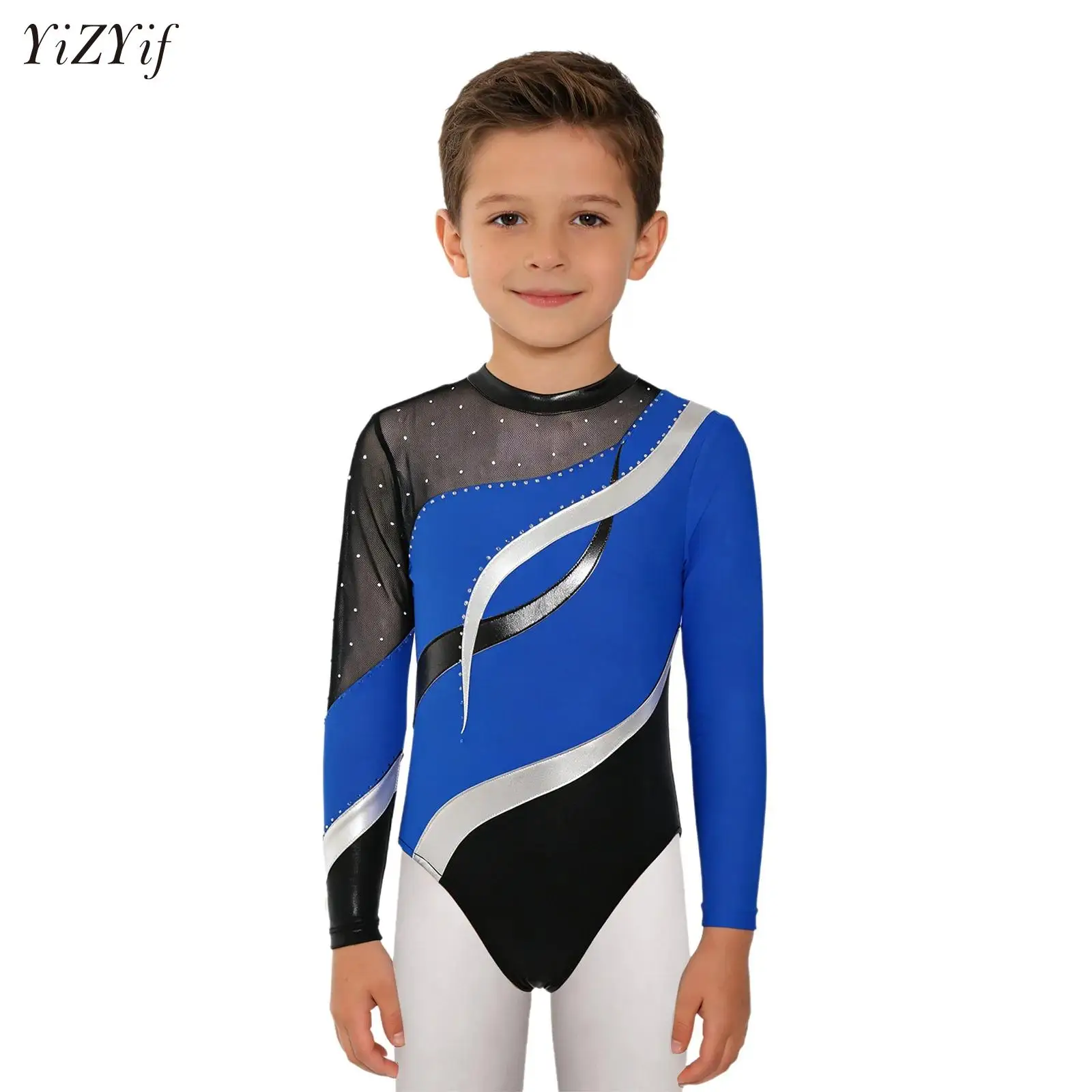 

Kids Girls Rhythmic Gymnastics Leotards Shiny Rhinestones Long Sleeve Ballet Bodysuit Contrast Figure Ice Skating Jumpsuit