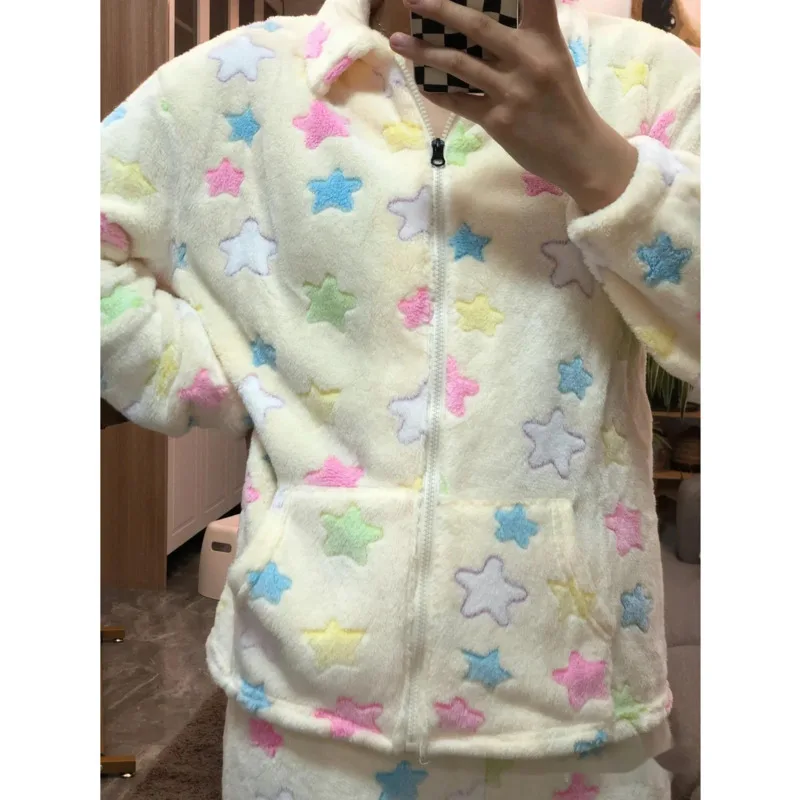 Y2k Colorful Star Pajamas Set Women Long Sleepwear Female Cute Winter Flannel Plush Thick Zipper Pijama Outerwear Home Clothes