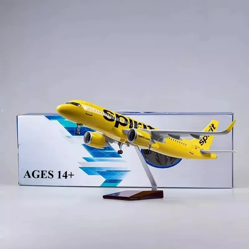 1:80 Scale Large Airplane Model Spirit Airlines Airbus 320 Plane Model Diecast Airplanes with LED Light for Collection or Gift