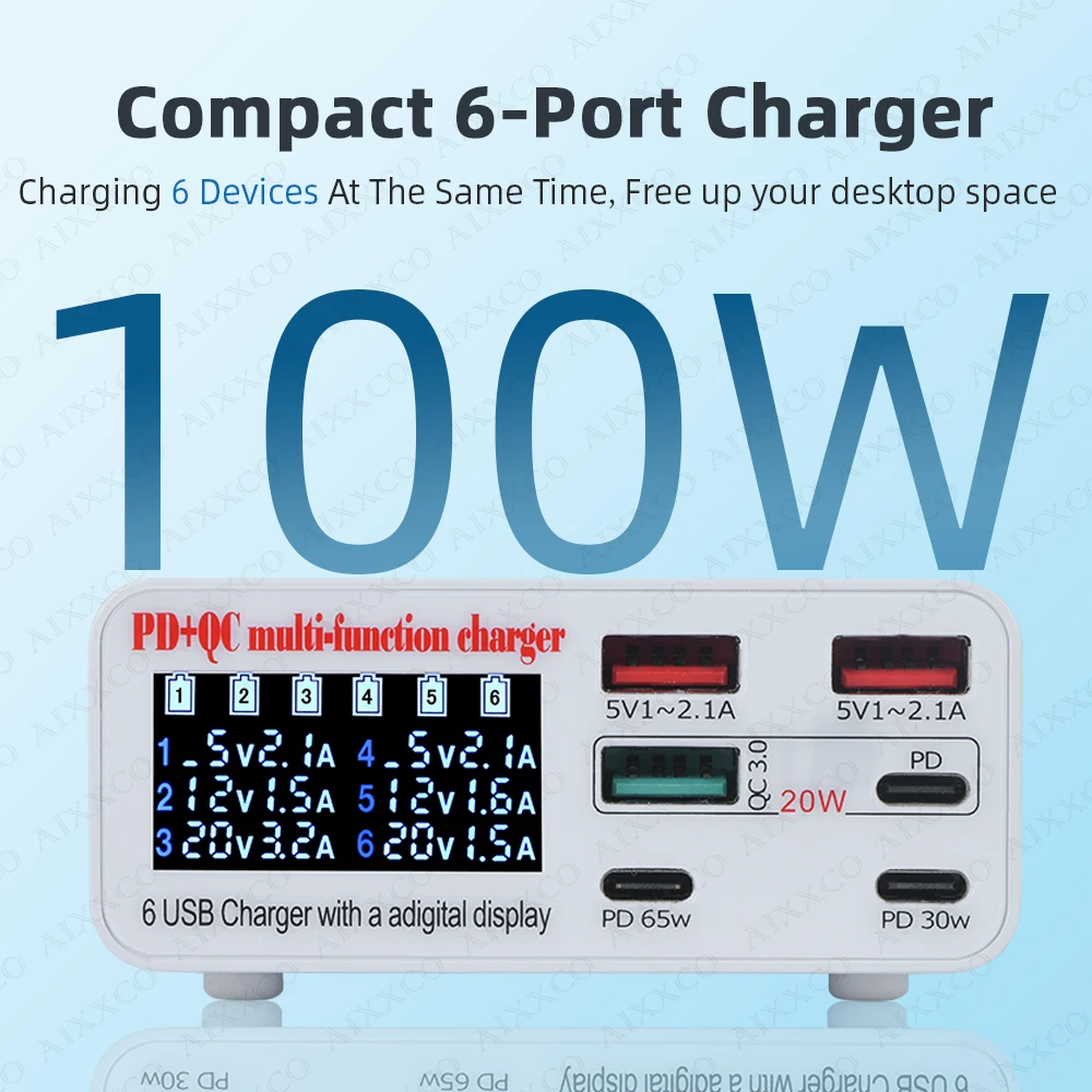 MacBook,iPhone,Samsung電話用のUSB充電ステーション,100w,USB-C,6ポート,pd,65w,qc3.0,急速充電器