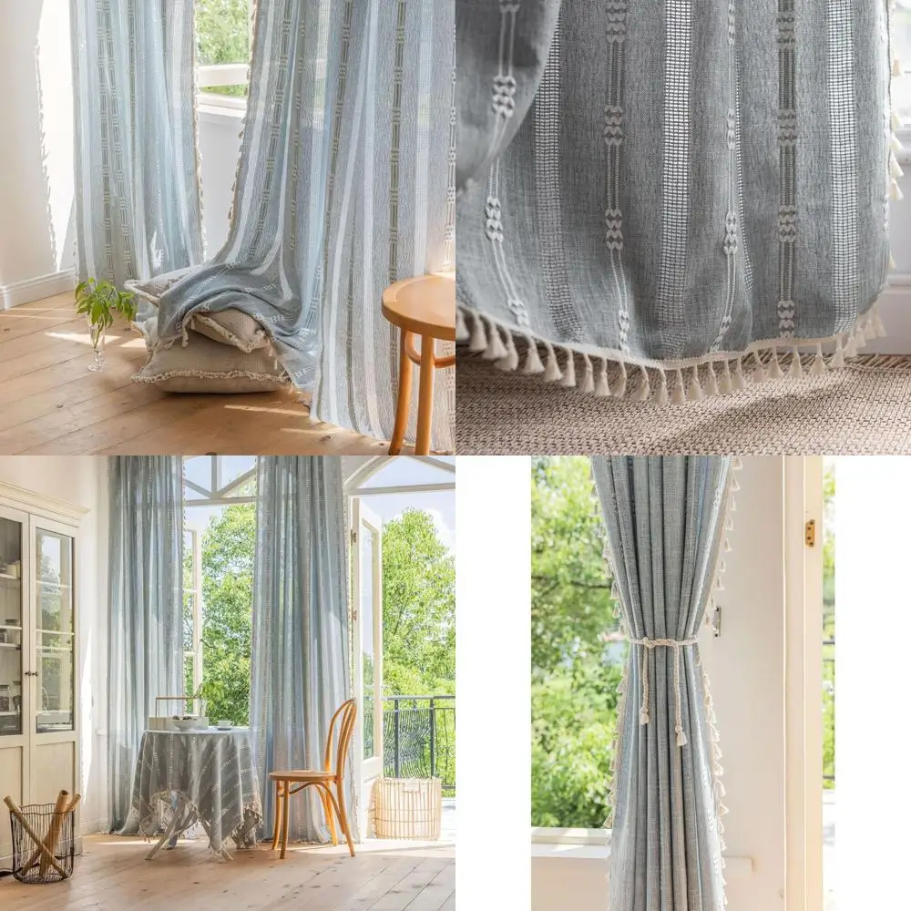 

Blue Linen Bohemian Stripe Curtains, 96 Long, 2-Panel Set, Semi-Blackout, with Tassels, Suitable for Living Room (52 W x 96 L)