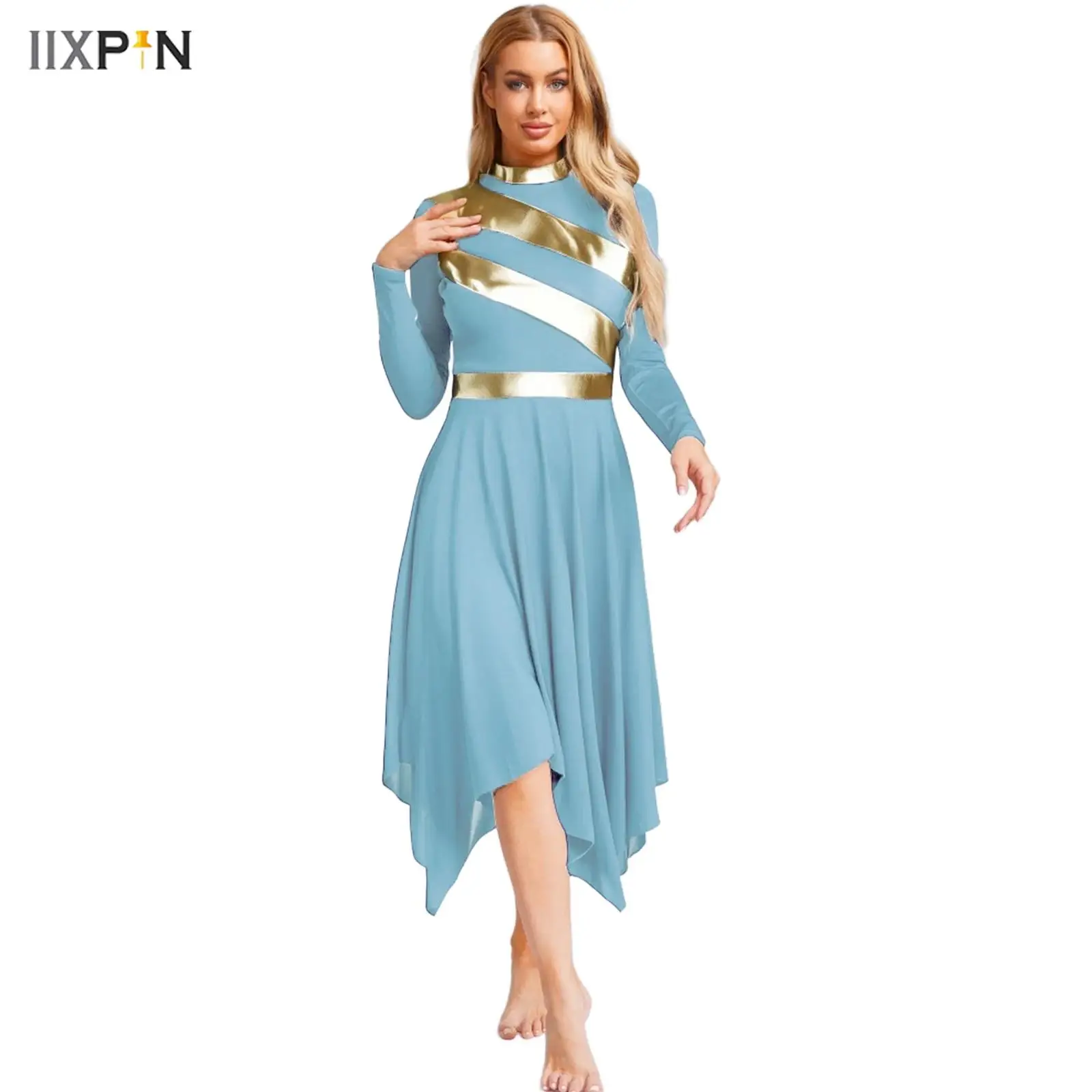 

Womens Liturgical Lyrical Dance Dress Metallic Patchwork Worship Praise Robe Dress Long Sleeve Irregular Hem Dress Tunic Costume
