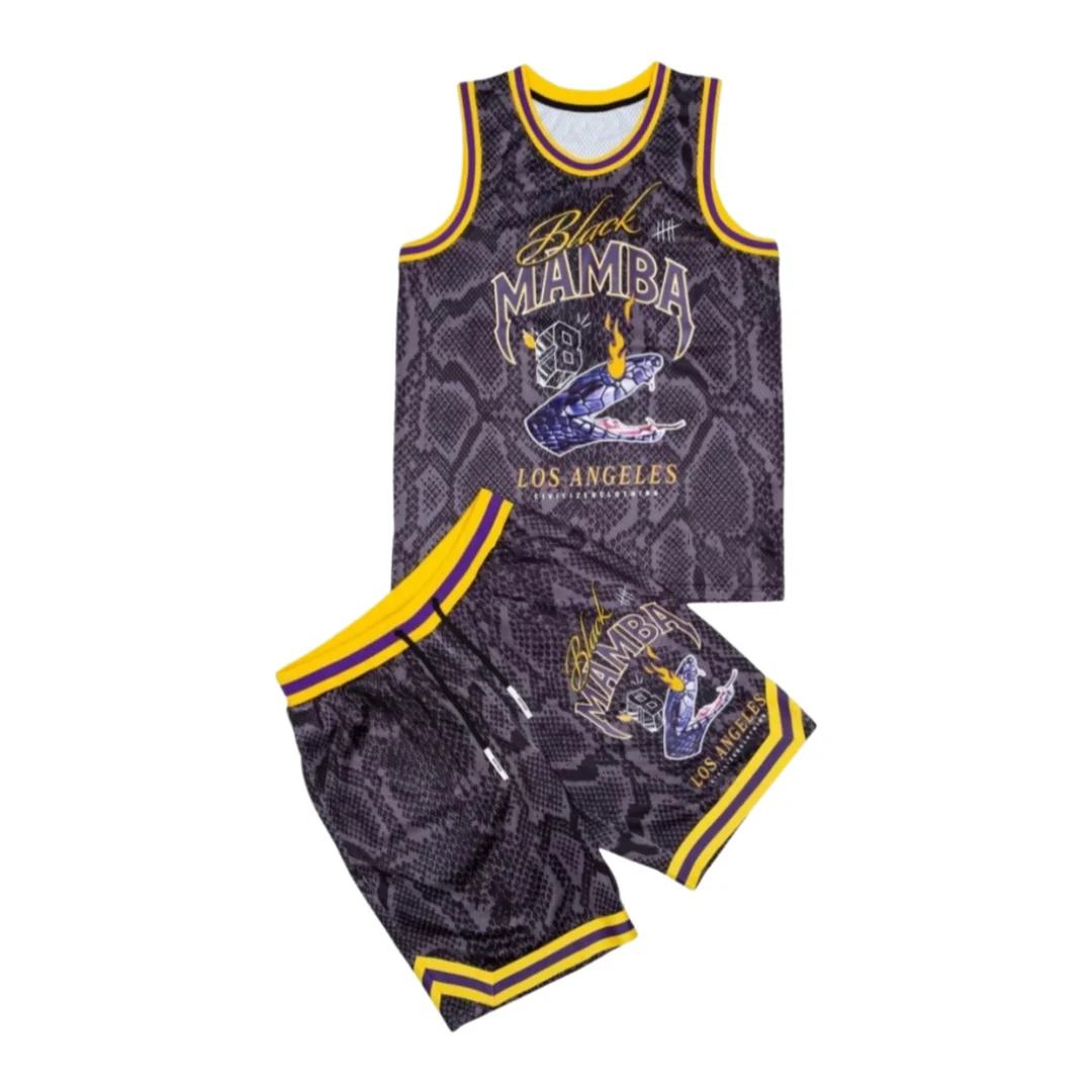 Forever Black Memba Snakeskin Pattern Basketball Jersey & Shorts Summer Adult Kids Sports Casual Set Breathable Quick-drying
