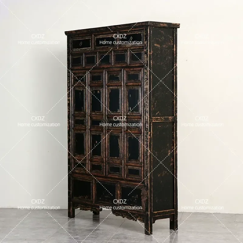 Ming Qing Antique Solid Wood Vertical Cabinet Retro Vintage Storage Cabinet for Hotel Clubhouse Entryway Decor
