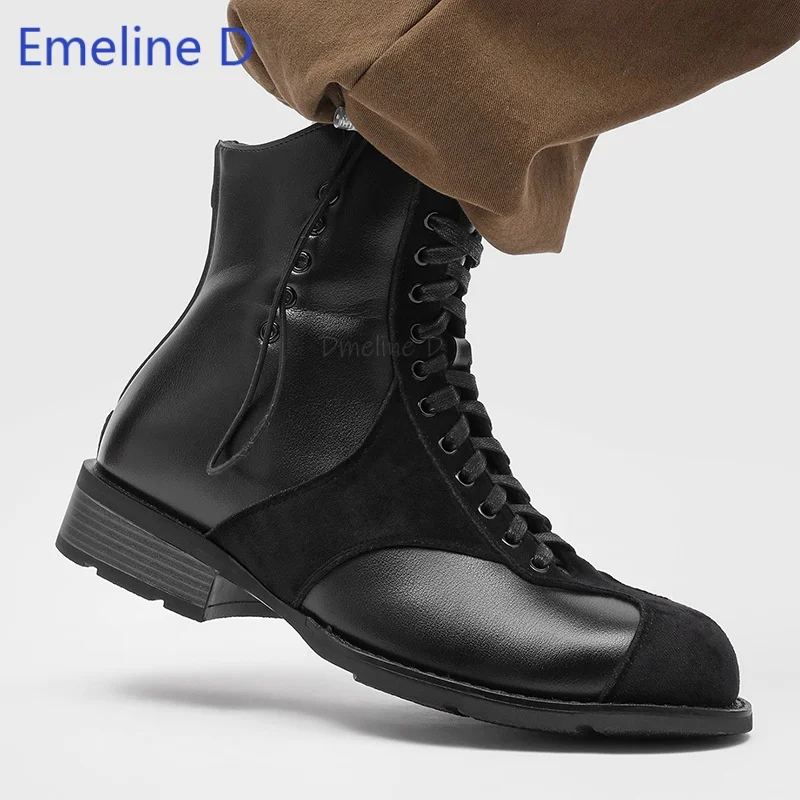 Men Fashion Patchwork Short Boots Lace Up Design Back Zip Fastening Round Toe Leather Suede Splicing Daily Streetwear Ankle Boot