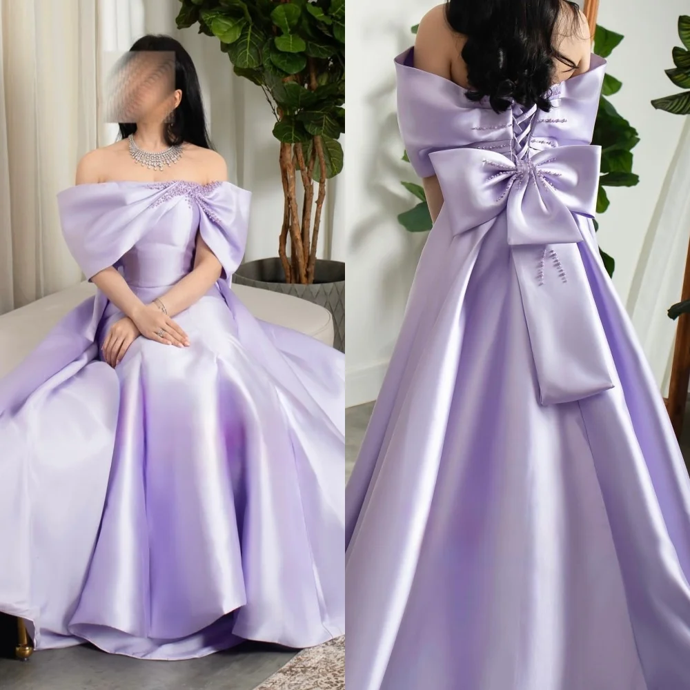 

Customized Modern Style Fashion Charmeuse Beading Bow A-line Off-the-shoulder Long Dresses Bespoke Occasion Dresses Matching