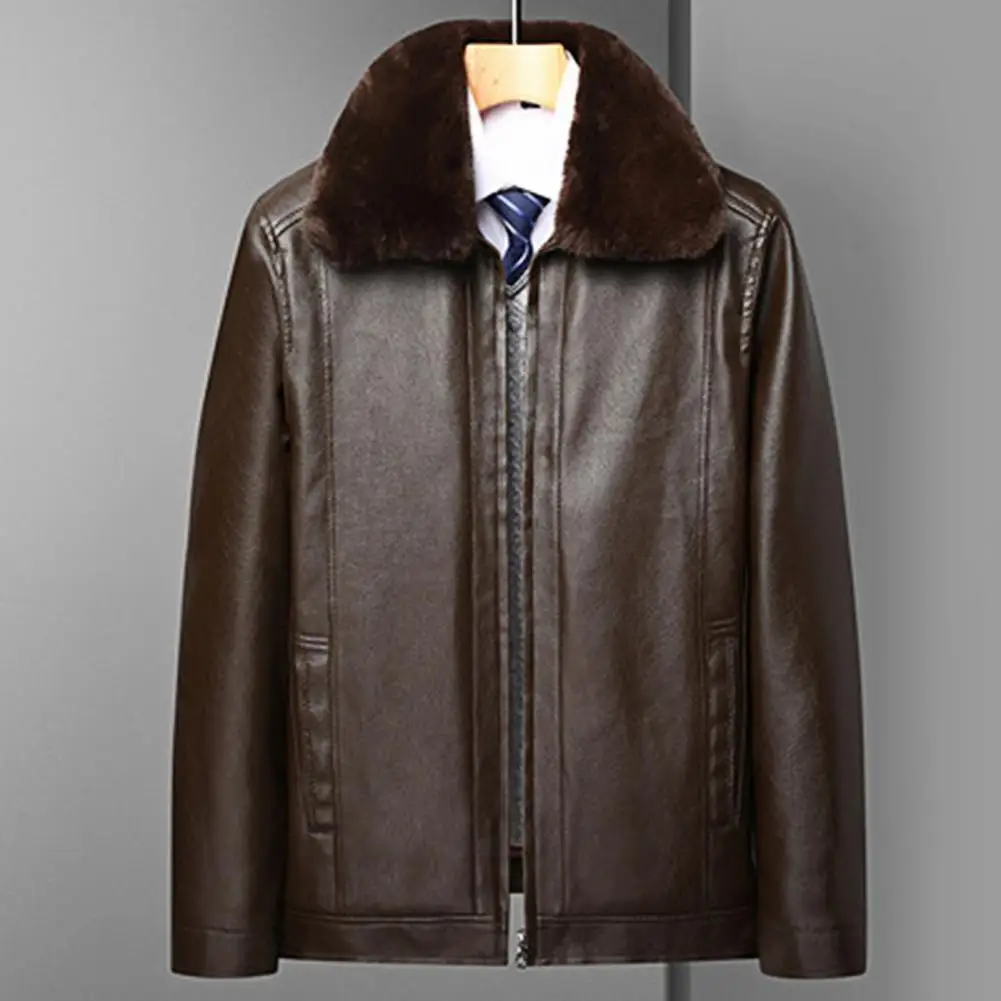 Veste en Faux Cuir Coupe-Vent à Manches sulfpour Homme, Col à Revers en Fourrure Pelucheuse, Patte de Fermeture Éclair, Manteau Décontracté, Automne et Hiver