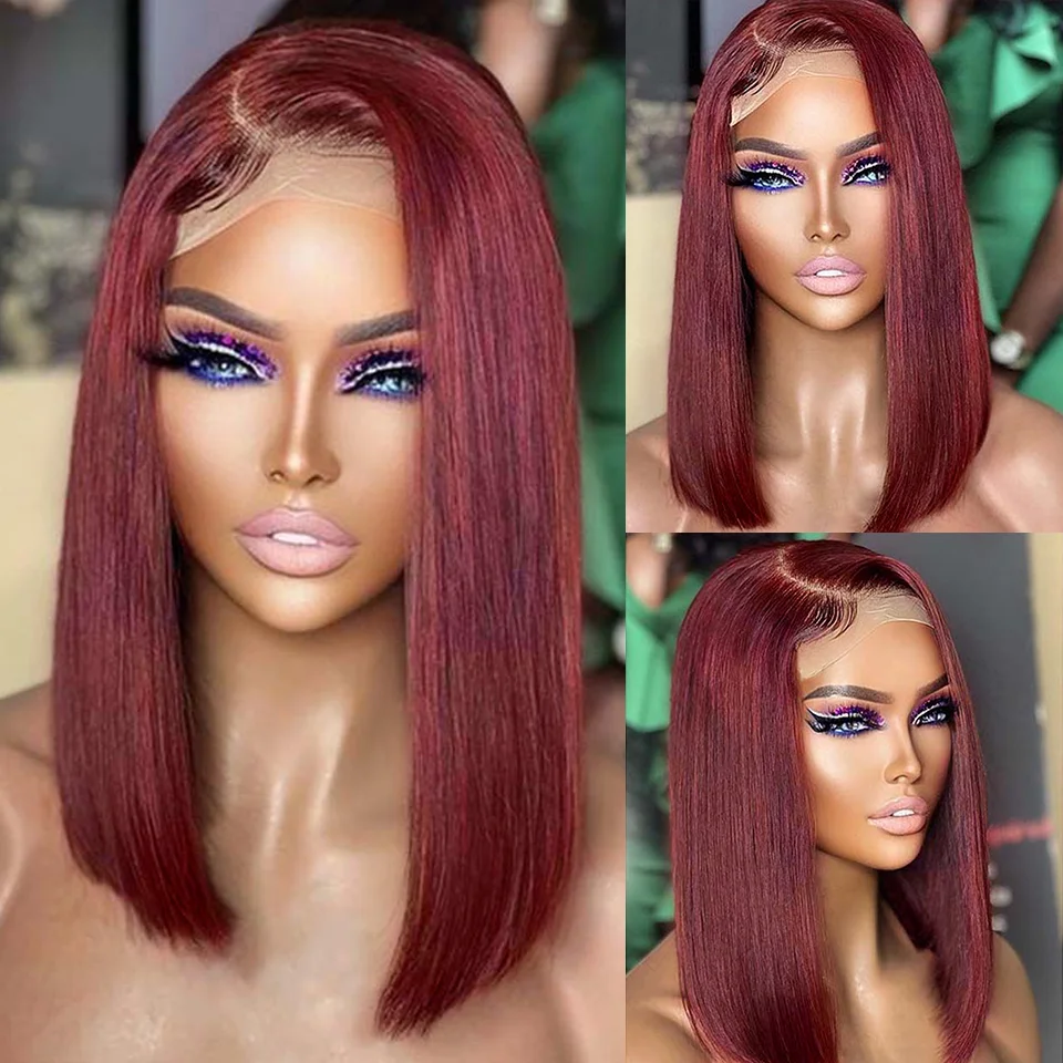 

99J Wig Straight Bob Wig Side Part Lace Front Wigs For Women Burgundy Wigs Brazilian Remy Hair Short Bob Straight Human Hair Wig