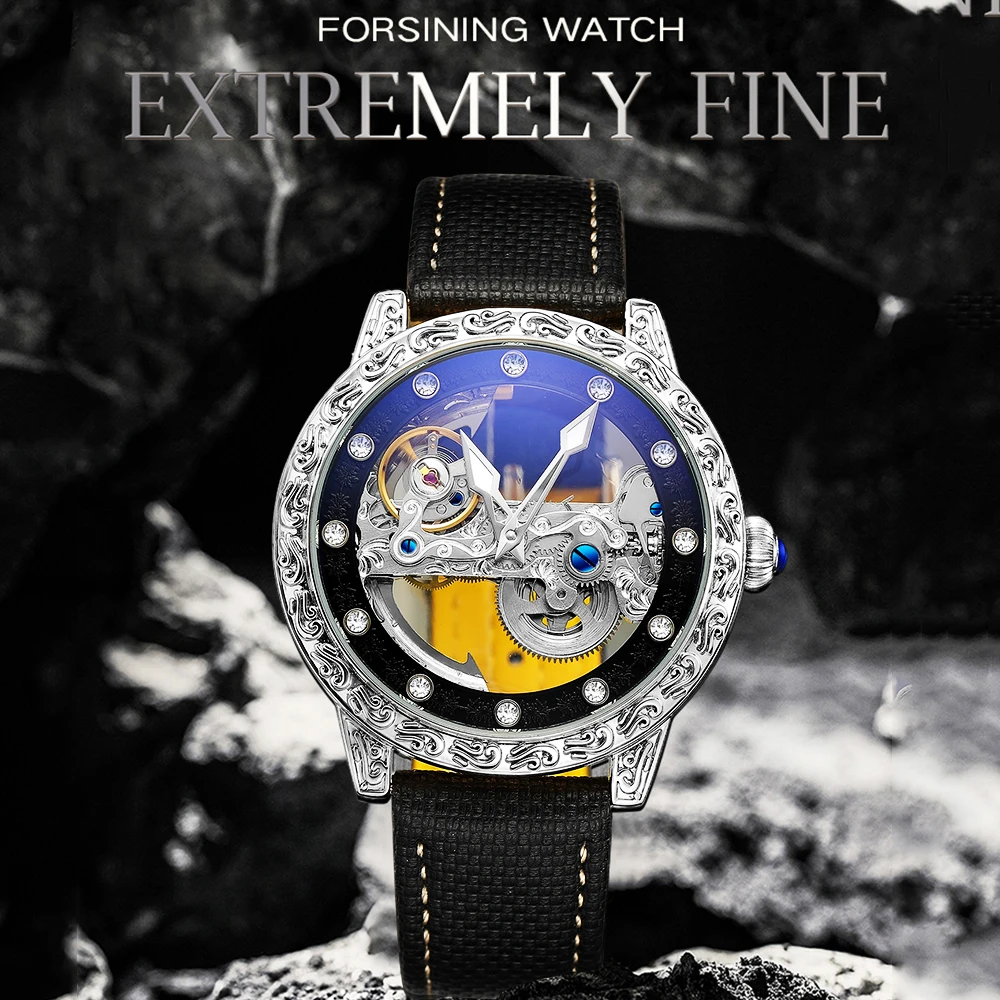 

FORSINING модные повседневные деловые мужские автоматические механические часы со скелетом и гравировкой со стразами, роскошные кожаные мужские наручные часы