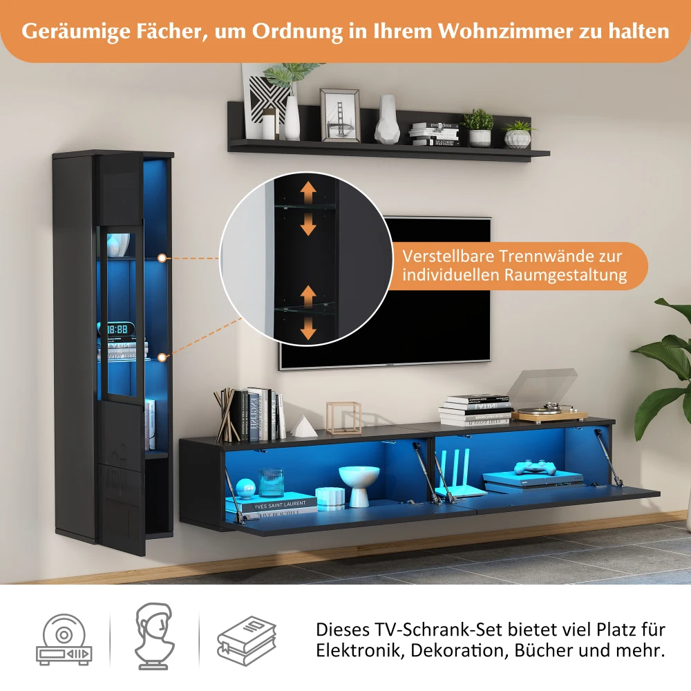 3-teiliges TV-Wohnzimmer-Wandset mit LED-Beleuchtung, Hochglanz-Möbelset, TV-Schrank, Vitrine und Hängeregal, für Fernseher bis zu 80 Zoll – Detail 16