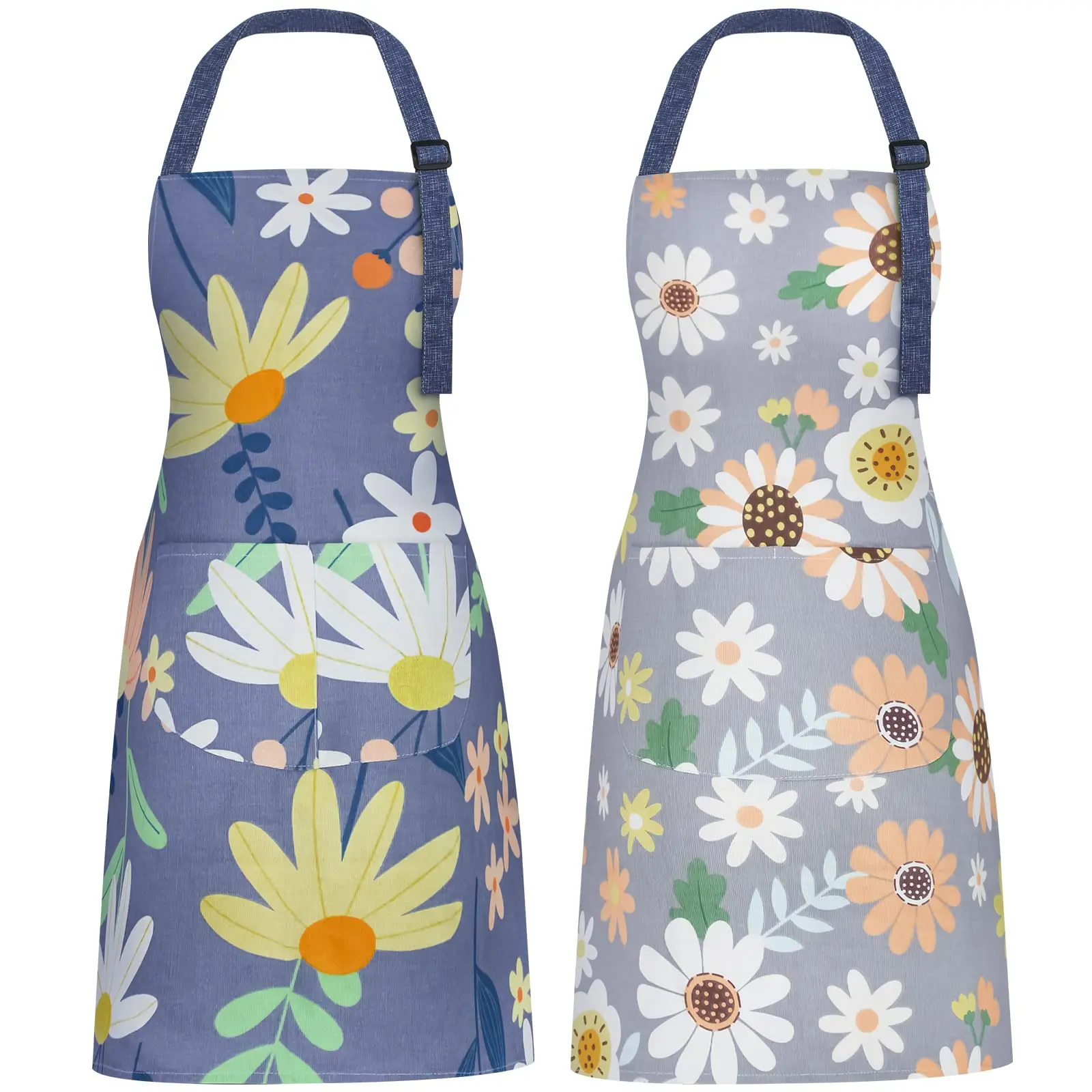 Apron with Pockets for Women, Adjustable Floral Kitchen Apron, Long Ties for Cooking, Drawing, Crafting