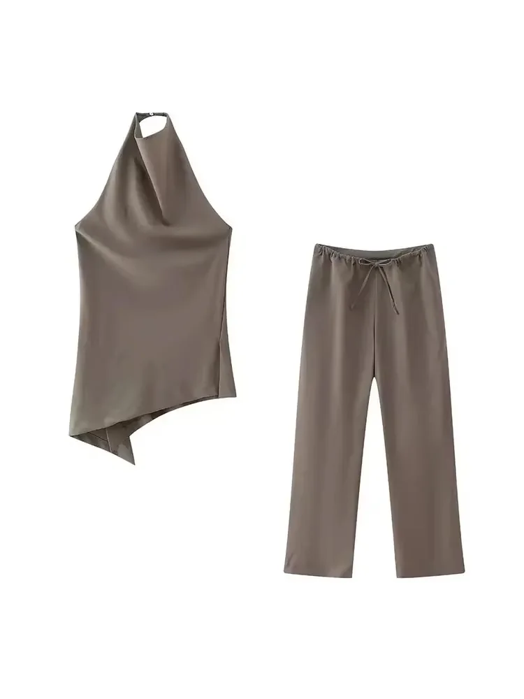 Pleated Asymmetric Halterneck Tank Tops and Straight Pants With Drawstring for Women, Female Two Piece Sets, Chic Fashion