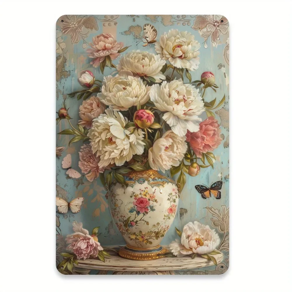 Vintage Peony Vase Metal Sign Iron 8x12 Inch Retro Wall Decor Plaque For Home Office Cafe Garage