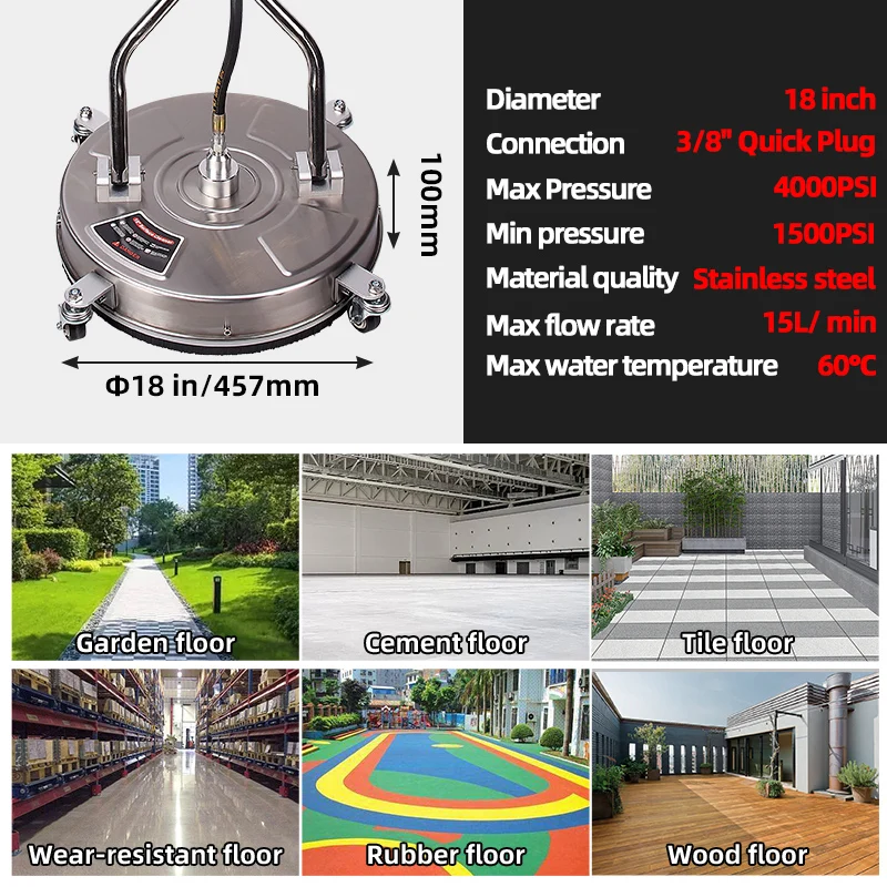 18-Inch High Pressure Surface Cleaner Push Wash Technology 4000 psi Stainless Steel New Industrial Outdoor Street Driveway