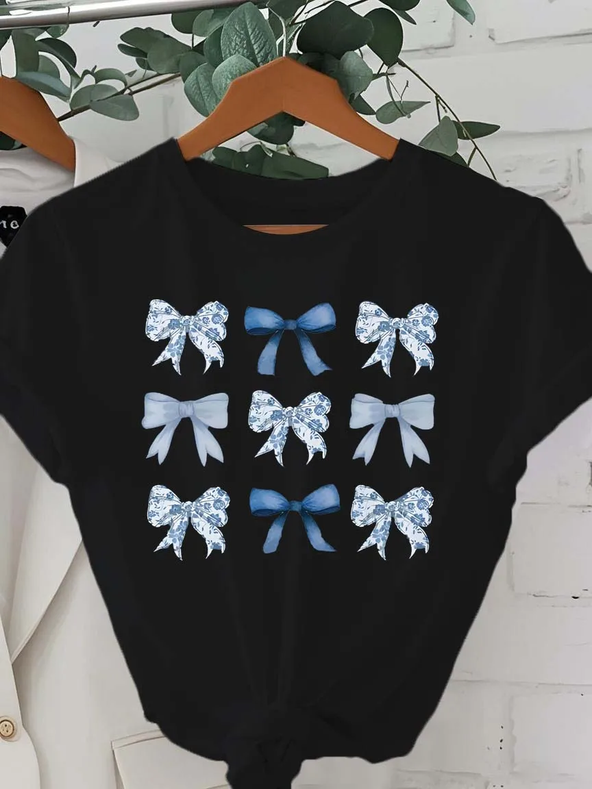 

Plus Size Elegant Bow Patterned Graphic Artistic Design Chic Fashion Tee