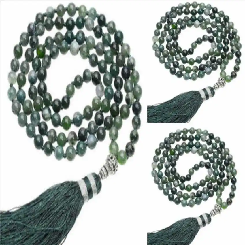 8mm Natural 108 Ocean Grass Agate gemstone beads necklace Fashion Fashion Choker Pendant Opera length Stone Mala  Men