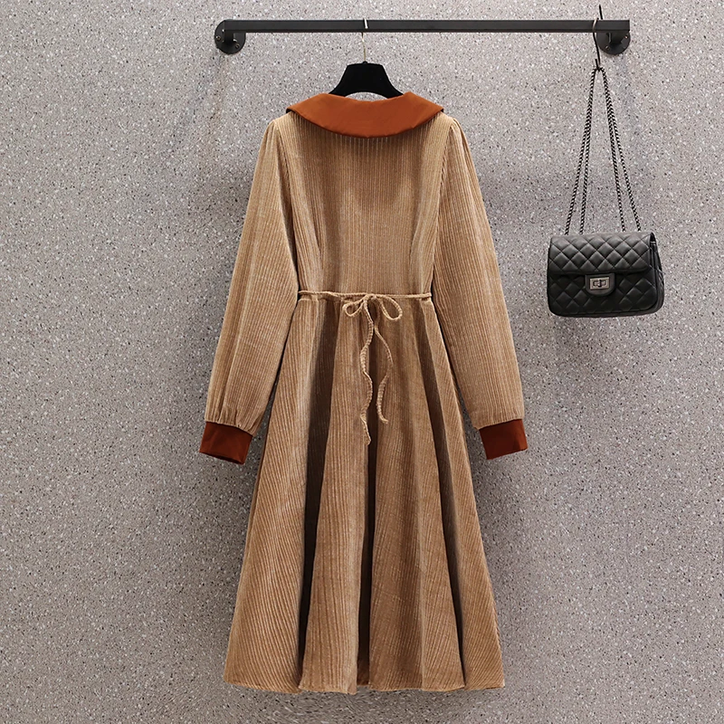 Autumn Winter Corduroy Thick Warm Midi Dress Women Solid Long Sleeve Doll Collar Dress 2024 Korean Vintage Elegant Casual Dress