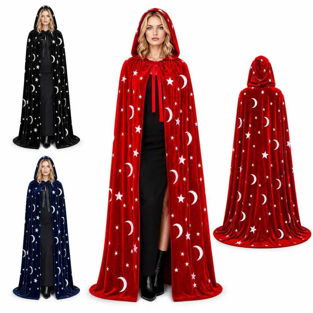 with Oversized Hood Halloween Hooded Cloak Polyester Velvet Ribbon Tie Closure Vintage Hooded Cape Moon and Star Print Flowing