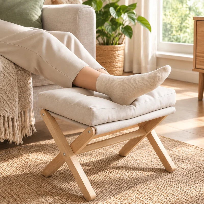 Wooden Folding Footstool with Plush Cotton Pad, Ideal for Living Room and Entryway Seating