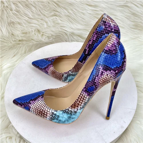 Blauer Schlangenmuster-Stiletto, 12 cm, 10 cm, 8 cm hoch, dünner Absatz, Abendparty, Dating, Slip-on-Damenpumpe, Übergröße YG072 ROVICIYA 3