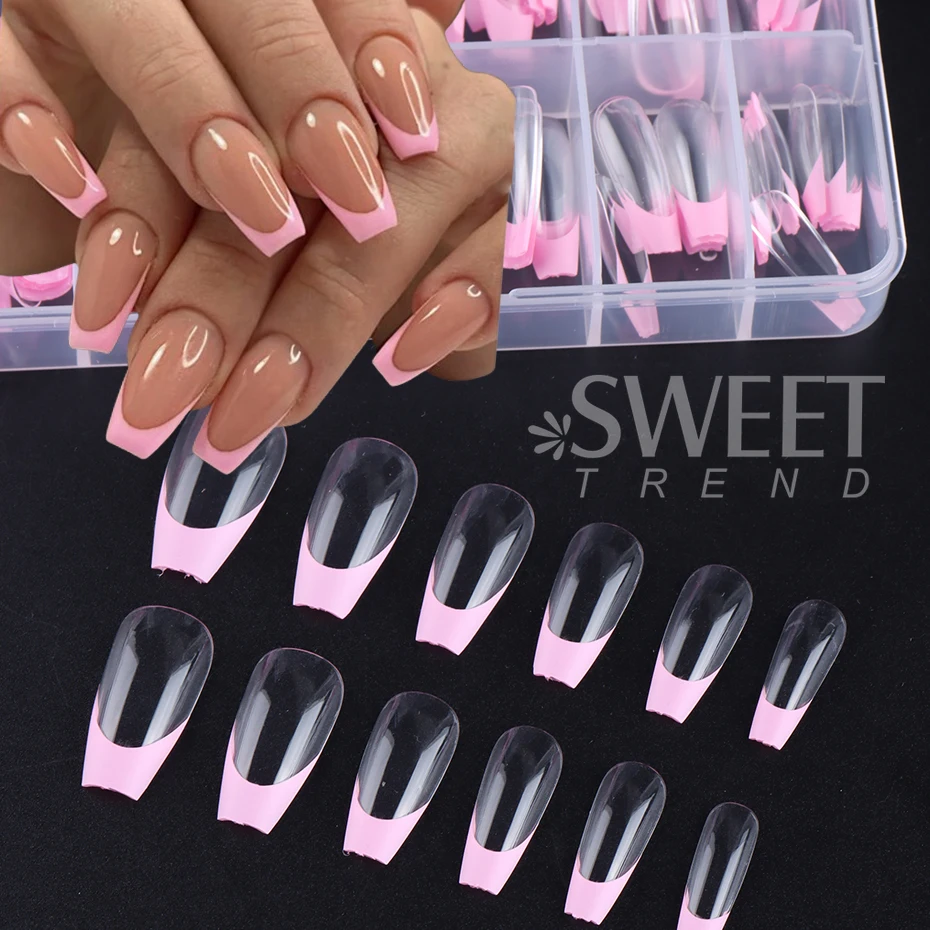 120pcs Short False Coffin Nail Tips Fake French Nail Full Cover Pink Clear Acrylic Artifical Press On Nail Extensions Gel Tips