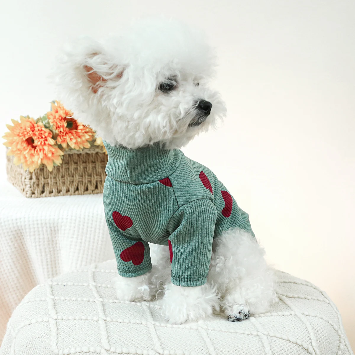 1PC Pet Clothing Dog Cat Spring and Autumn Thin Green Love High Neck Elastic Pullover Pajamas Home Clothes For Small Medium Dogs