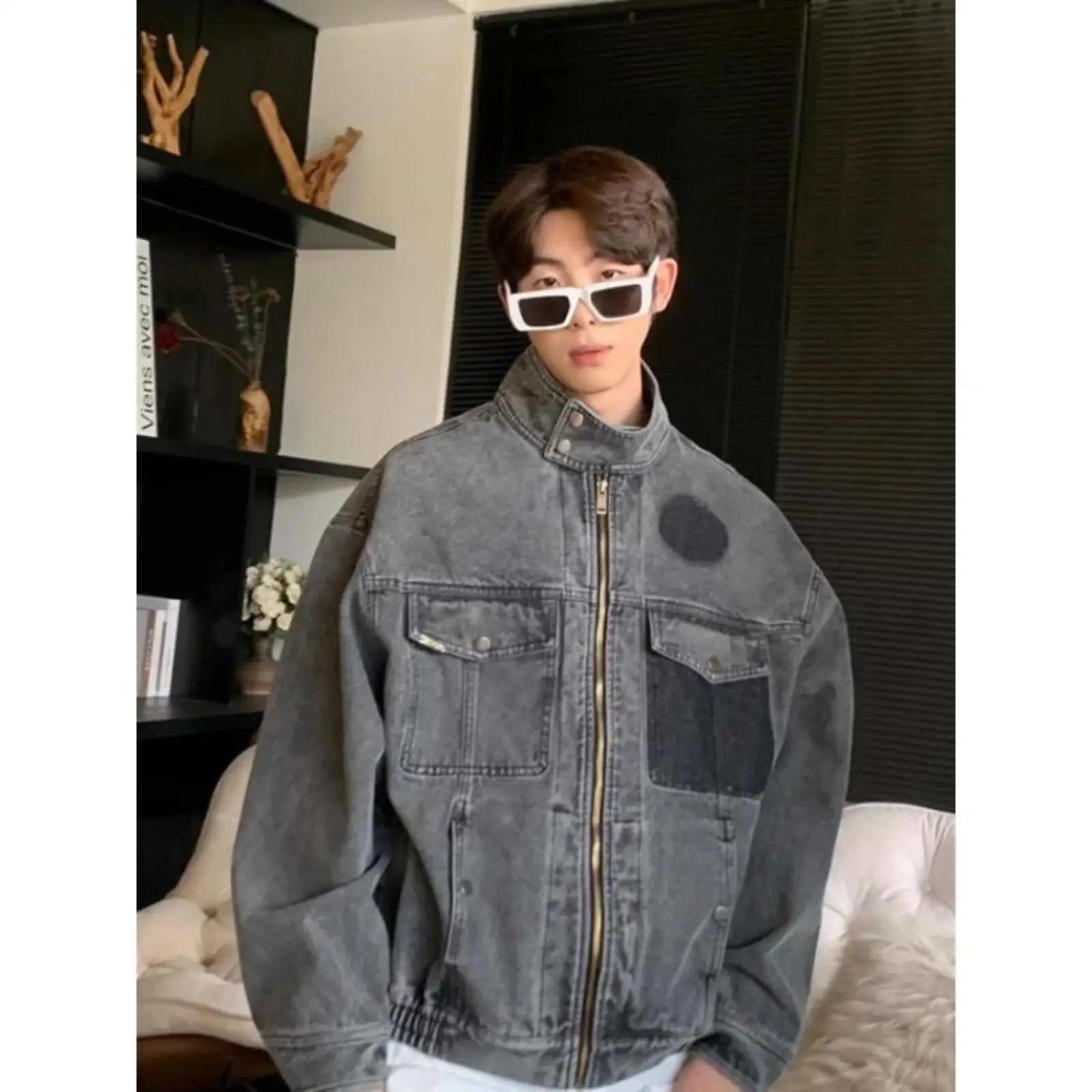 

Мужская мотоциклетная джинсовая куртка большого размера American Sle премиум-класса, осень 2024, модная рабочая одежда с воротником-стойкой