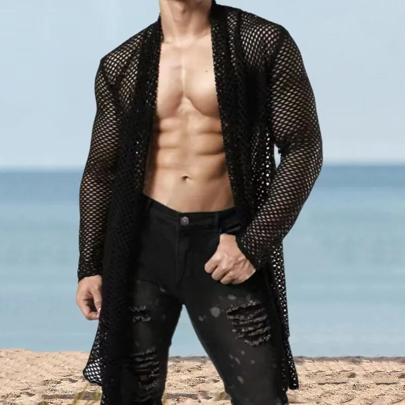 

Black Sexy Men's Big Size Shawl Hollow Medium Long Cardigan Mesh See Through Long Sleeve Shirt Top Summer Jacket Mens Shirt New