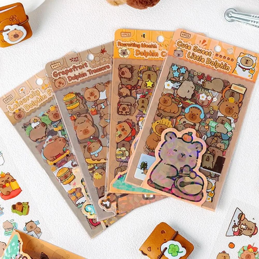 6 Pcs/Bag Cute Capybara Hand Ledger Stickers Cartoon Animal Aesthetic Scrapbooking DIY Material Creative Waterproof