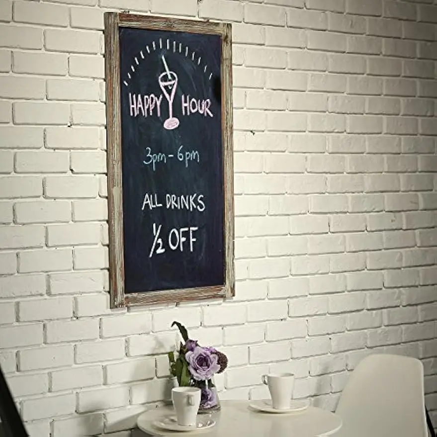 35-Inch Wall-Mounted Chalkboard Sign with Torched Wood Frame, Erasable Message Board for Vertical/Horizontal Hanging