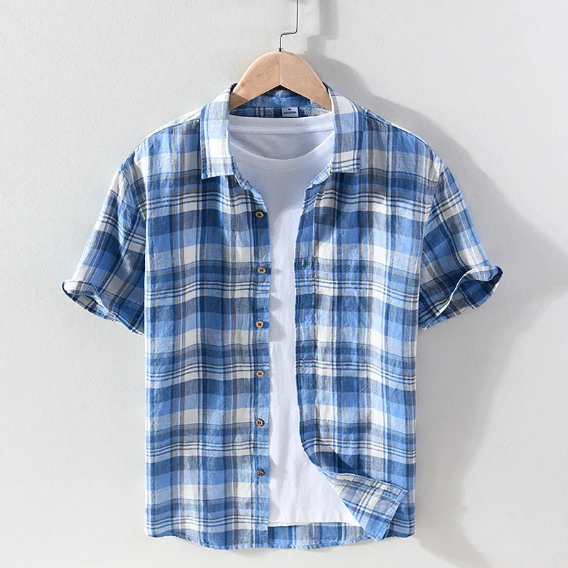 Large Plaid Square Collar Linen Men's Shirts New Summer Casual Slim Short Sleeved Shirts Simple Breathable Youth Commuting Top