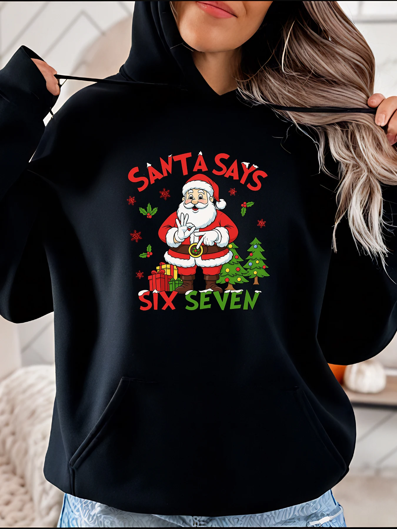 

Christmas Hoodie Santa Says Six Seven Printed Sweatshirt Women's Holiday Christmas Party Casual Wear