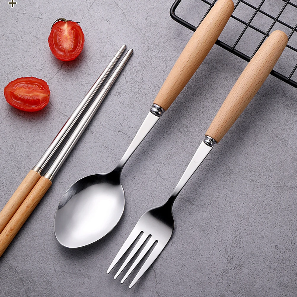 

3pcs Wood Handle Stainless Steel Fork Spoon Chopsticks Set Smooth Polished Home Tableware Party Wedding Kit