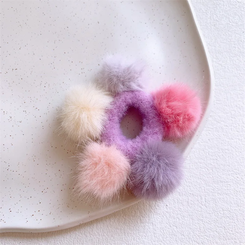 2024 Winter Cute Pompom Hair Tie For Kids Pink Plush Ball Hair Bands Girls Elastic Hair Rope Scrunchie Baby Hairbands headdress