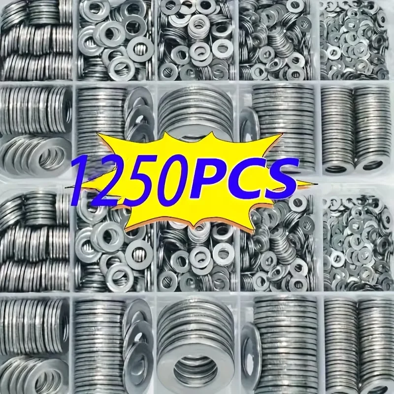 1250pcs Flat Washer Assorted Kit Random Box (M2 M2.5 M3 M4 M5 M6 M8 M10 M12) for Home Decor, Factory Maintenance, Kitchen, Store